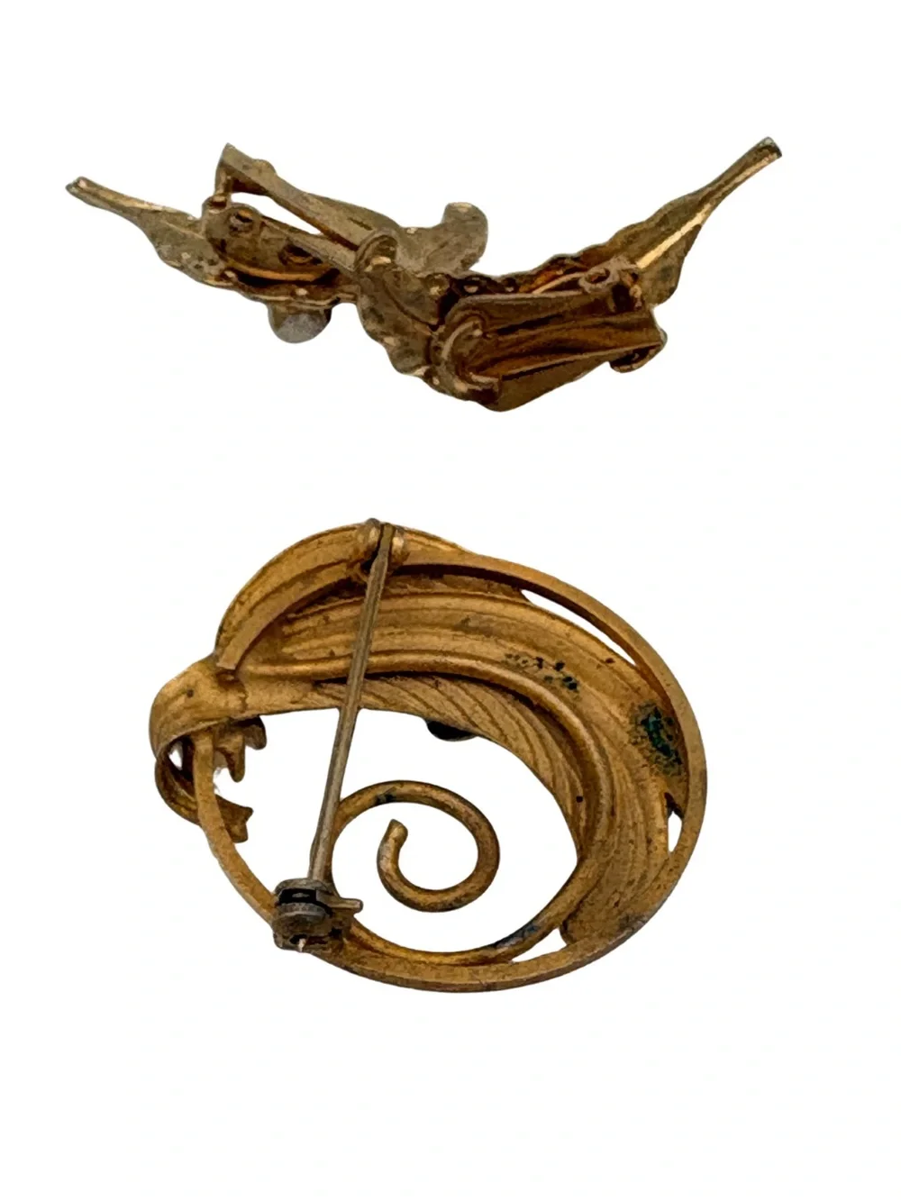 Gold Leaf Brooch and Clip-On Earring Set with Pearl Accent